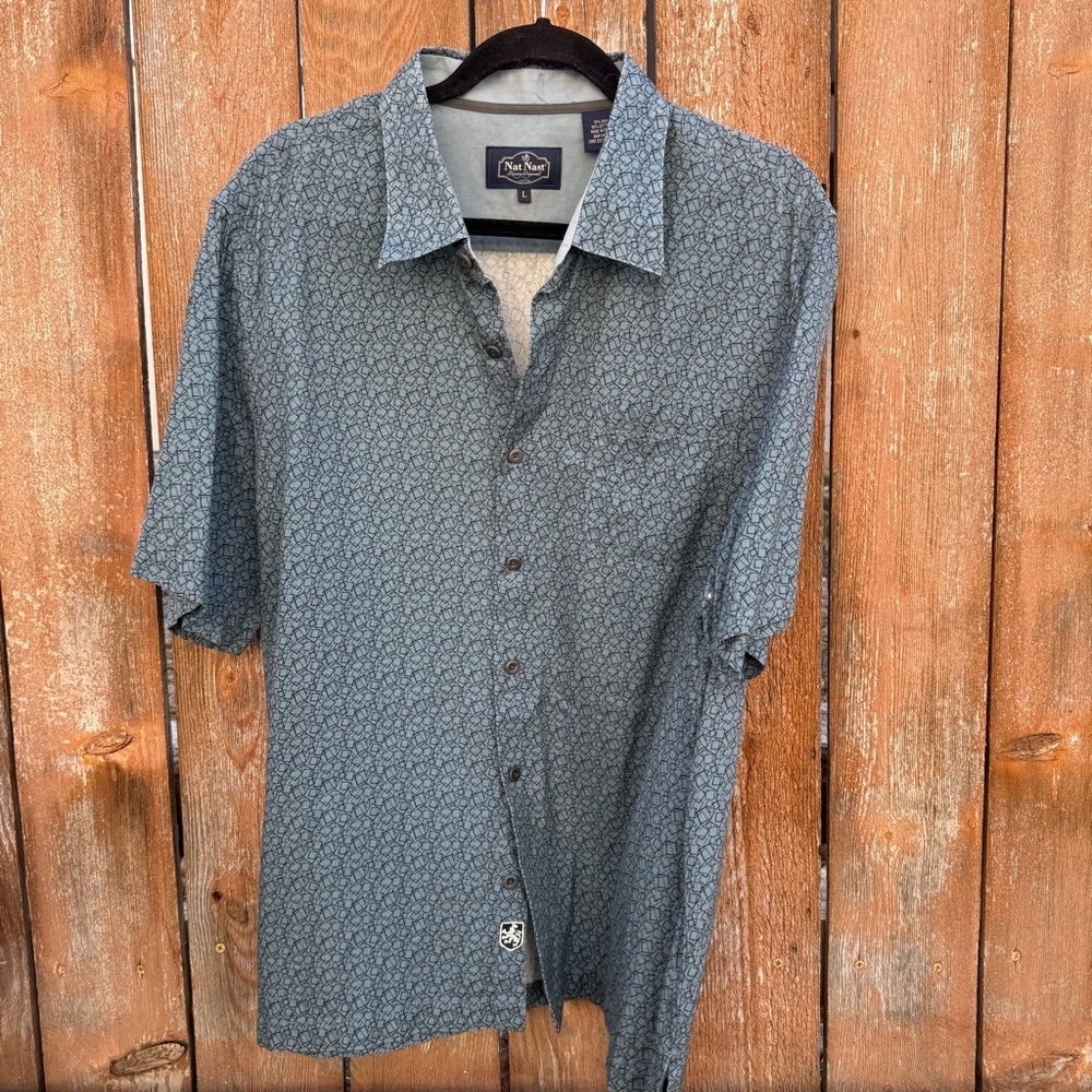 Nat Nast Men’s Blue Black Silk Short Sleeve Button Down Casual Shirt Large